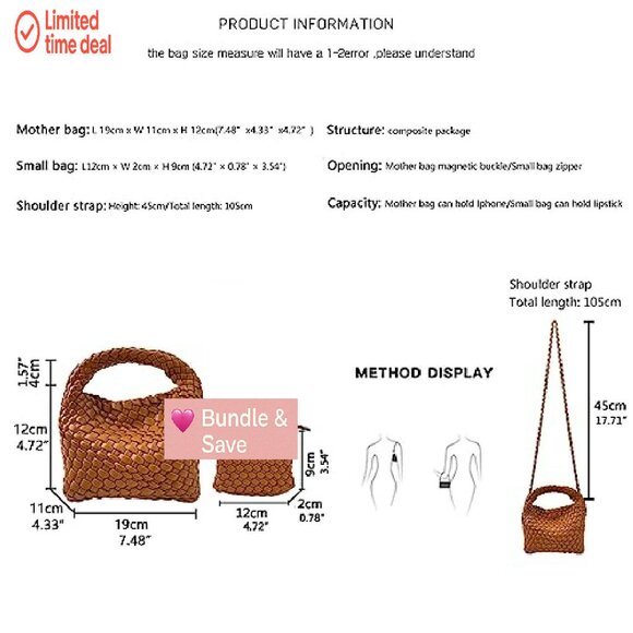 Mini Woven Vegan Leather Tote Bag, Crossbody Shoulder Purse with Zipper Pocket - Picture 6 of 8